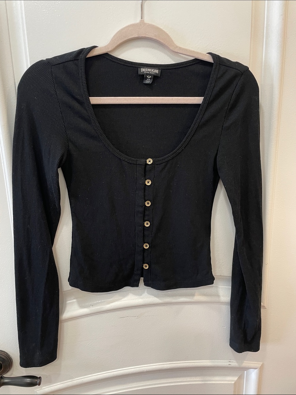 True Religion Ribbed Button-Front Long Sleeve Top